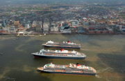 Cunard's Three Queens sail down Mersey, Liverpool, Britain - 25 May 2015