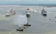 Cunard's Three Queens sail down Mersey, Liverpool, Britain - 25 May 2015