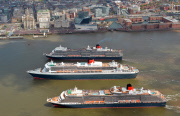 Cunard's Three Queens sail down Mersey, Liverpool, Britain - 25 May 2015