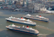 Cunard's Three Queens sail down Mersey, Liverpool, Britain - 25 May 2015
