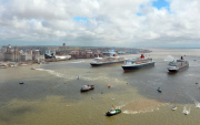Cunard's Three Queens sail down Mersey, Liverpool, Britain - 25 May 2015