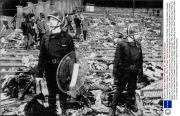 The Heysel Stadium Disaster 1985. Pic Shows: Police Stand Guard After The Game. The Heysel Stadium Disaster Occurred On 29 May 1985 When Escaping Fans Were Pressed Against A Wall In The Heysel Stadium In Brussels Belgium As A Result Of Rioting Before