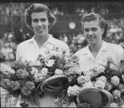 Doris Hart And Shirley Fry Wimbledon Tennis Finalists On Centre Court Holding Flowers 1951.