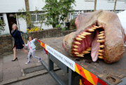 Full-size Tyrannosaurus Rex model transported through streets to promote T.Rex Autopsy TV show, London, Britain - 01 Jun 2015