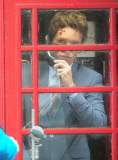EXC: EDDIE REDMAYNE FILMING IN A PHONE BOX IN HAMPSTEAD