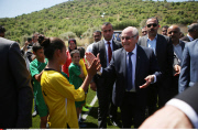 Ramallah FIFA chief Sepp Blatter plays soccer with Palestinian children during his visit to Dura al-Qar' village