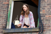 Alison Brie gets animated outside a Window for "How to Be Single" - Part 2