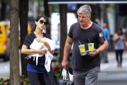 Alec and Hilaria Baldwin take Carmen and their new baby Rafael for a walk