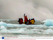 Visitors witness large chunk falling from Monaco Glacier, Spitsbergen, Norway - 24 Jul 2013