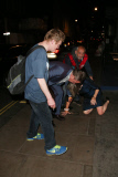 FAMEFLYNET - Exclusive: Suggs Of Madness Wife Takes A Tumble Outside The Groucho Club In London