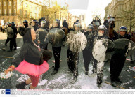 Demonstration In Support Of The Sacked Liverpool Dockers 'social Justice March' Which Turned Into A Riot After Demonstrators From Reclaim The Streets Attacked Police Outside Downing Street With Bottles Wood Paint Smoke Bombs And Later Unfurled Bann