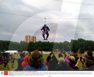 London's Mayor Boris Johnson gets stuck on a zip wire, Victoria Park, London, Britain - 06 Aug 2012