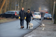 LINDA DE MOL and partner take a walk with their dogs