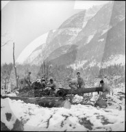 Holzer räumen zerstörten Wald, Mitholz 1948