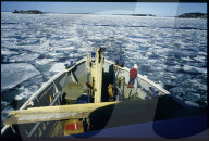Schiff zwischen Eisschollen in einem Fjord, Schweden 1985