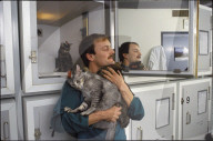 Pfleger mit Katzen, Elektroden am Kopf, Schlaflabor 1987