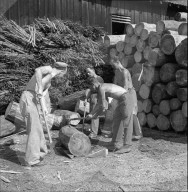 Männer zerkleinern Holz zum Betreiben der Motoren von Dampfschiffen; 1943