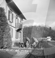 Mädchen sammeln Tannenzapfen zum Heizen, 1944