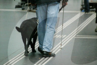 Mann mit Blindenhund auf Blindenstreifen, 2005