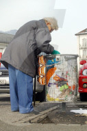 Seniorin durchsucht Mülleimer