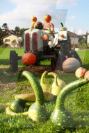 Kuerbisfiguren auf Traktor
