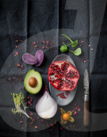 Food Still with Pomegranate, Avocado and Onion