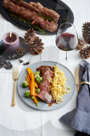 Rehrücken mit Gemüse und Spätzle, Venison with vegetables and spaetzle