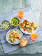 Brunch mit Kräuterbutter, Eiersalat Waldorf, Erbsen-Lachs-Creme und Tortilla, Brunch with Herb Butter, Egg Salad, Pea Salmon Mousse and Tortilla