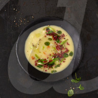 Kartoffelsuppe mit Speckstippe, Potato soup with bacon