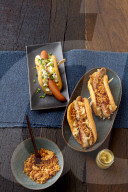 Hotdog mit Remoulade und Sauerkraut-Hotdog, Hotdog with Remoulade Sauce and Hotdog with Sauerkraut