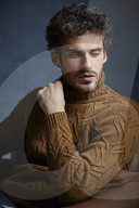 Anxious young Man wearing a brown Turtleneck Pullover