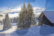 View over a snow covered alpine hut and alpine meadows