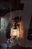 Wabi-Sabi Living Concept, Oil Lamp hanging on a Wooden Beam