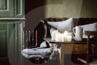 Wabi-Sabi Living Concept, Kitchen with wooden Furniture and Candles