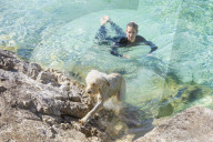 Woman in wetsuit is swimming