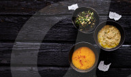 Süsssaurer Mango-Chili-Dip, Feuriges Sesampesto und leichter Cashew-Mandel-Dip, Hot Mango Dip, vegan Sesame Pesto and vegan Cashew Almond Dip