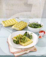 Mais-Waffel mit Avocadocreme und Piementos de Padron, Corn Waffles with Avocado Mousse and Piementos de Padron