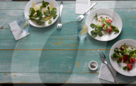 Babymangold mit Kräutern und Parmesan und Feldsalat mit Gurken, Minze und Erdbeeren, Mangelwurzel with Parmesan and Corn Salad with Cucumber, Mint and Strawberry