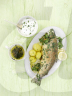 Forelle mit Buttersauce und Kartoffeln mit Kräuterquark, Trout with Butter Sauce, Potatoes and Quark with Herbs
