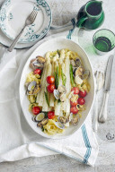 Gedämpfter Spargel mit Tagliatelle und Vongole, Steamed asparagus with tagliatelle and vongole