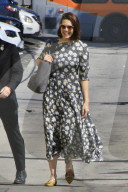 Mandy Moore wears a spring dress for her appearance on Jimmy Kimmel Live!
