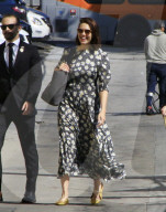 Mandy Moore wears a spring dress for her appearance on Jimmy Kimmel Live!