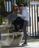 Jamie Bell and his pregnant wife Kate Mara are seen with his five-year-old-son Jack at a local park in Silver Lake as they sipped coffees on a park bench. 