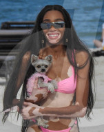 Supermodel Winnie Harlow is seen in an adorable picture as she posed with a super cute little dog
dressed in pink doggie clothing that matched her pink bikini. 