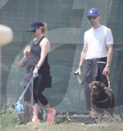 PREMIUM EXCLUSIVE Reese Witherspoon walks her two dogs with son and husband