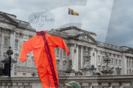 A protest against US President Donald Trump as he attends a banquet at Buckingham Palace in London.