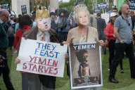 A protest against US President Donald Trump as he attends a banquet at Buckingham Palace in London.
