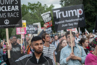 A protest against US President Donald Trump as he attends a banquet at Buckingham Palace in London.