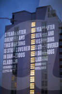 A projection on Frinstead House in west London on the eve of the second anniversary of the Grenfell Tower fire. 
