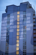 A projection on Frinstead House in west London on the eve of the second anniversary of the Grenfell Tower fire. 
